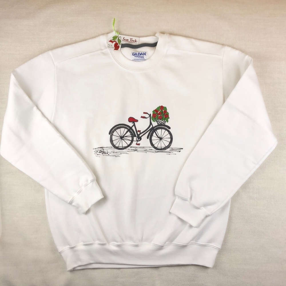 NWT Sweatshirt Red Geranium Basket Bicycle Size M